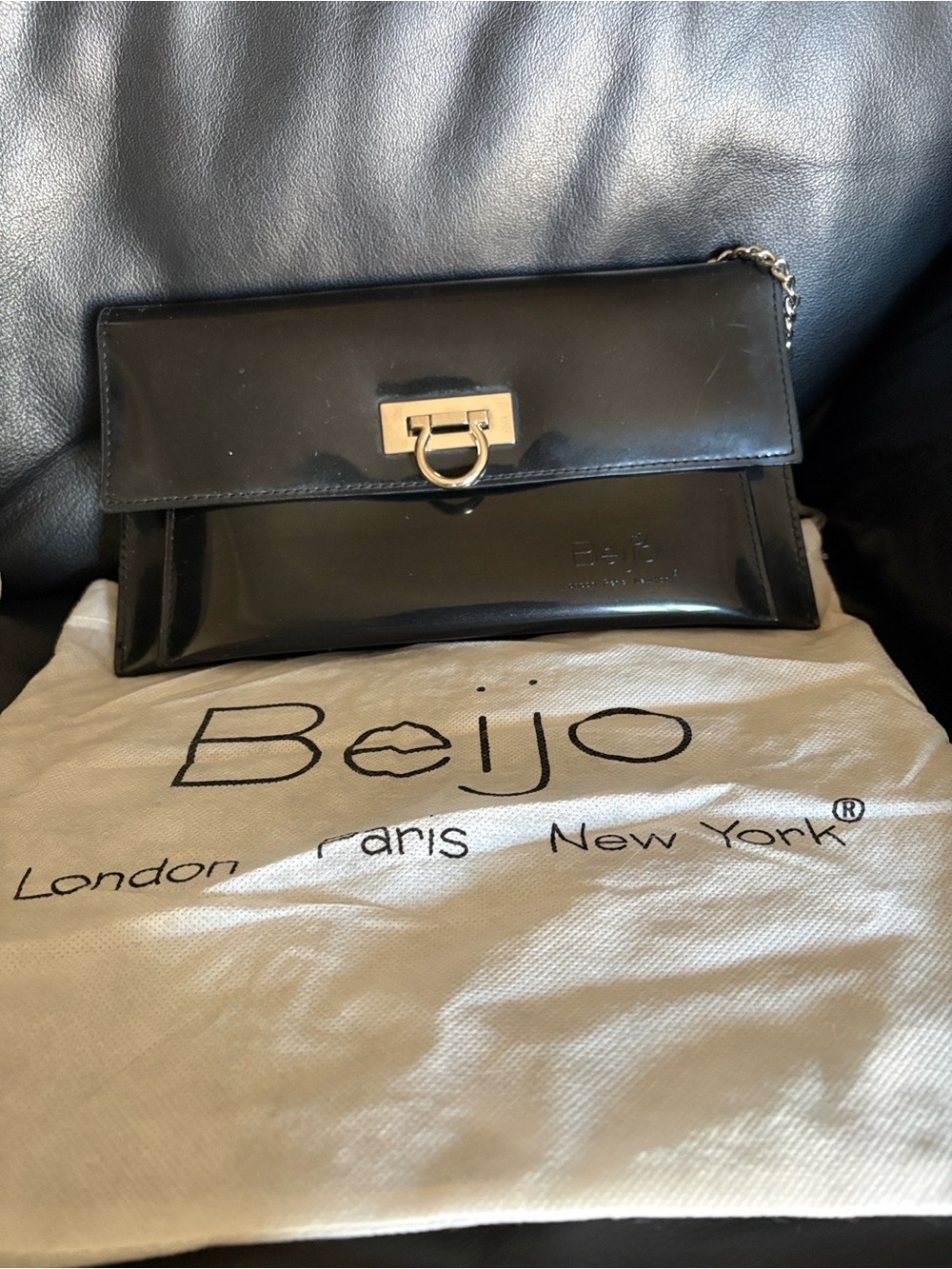 Beijo Black Patent Clutch with Gold Ring Lock